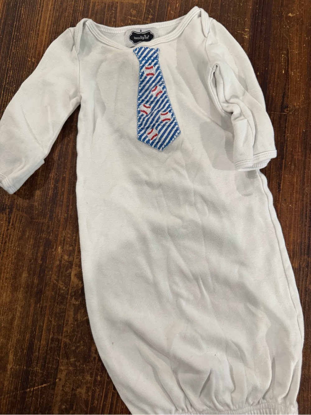 MudPie Blue Stripe Baseball Tie Accent White Baby Sleep Gown